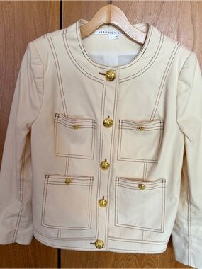 Veronica Beard Cream Jacket with Brown Stitching and Gold Buttons